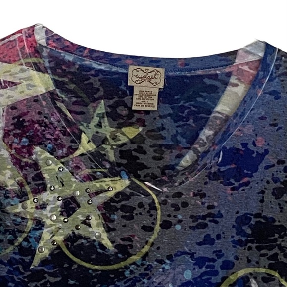 Eyelash Couture V-Neck Abstract Print Stars and Metal Studs Size Large - Picture 2 of 6